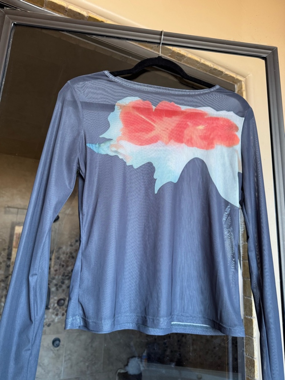 Gray Long Sleeve Sheer Top with Coral and Light Blue Abstract Print